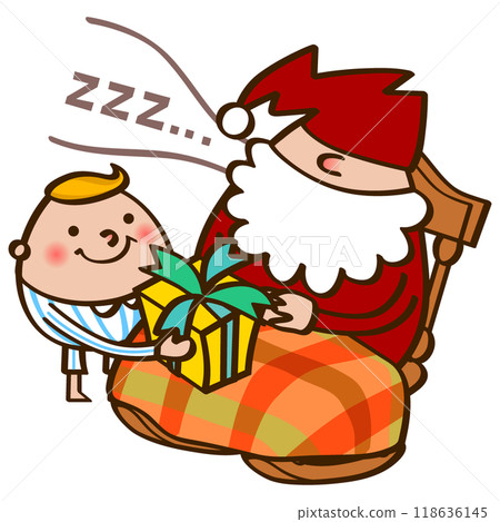A boy giving a present to a sleeping Santa Claus 118636145