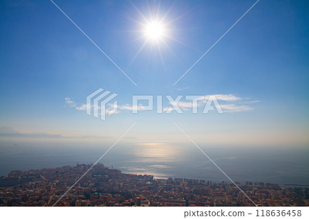 Naples, Campania, Italy - Backlit view of the Bay of Naples from Sant'Elmo Castle in the Historic Center of Naples, a World Heritage Site 118636458