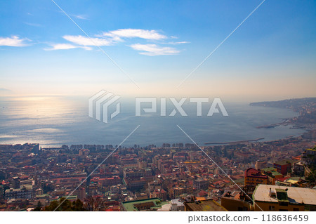Naples, Campania, Italy - Backlit view of the Bay of Naples from Sant'Elmo Castle in the Historic Center of Naples, a World Heritage Site Naples, Campania, Italy - Backlit view of the Bay of Naples from Sant'Elmo Castle in the Historic Center of Naples, a World Heritage Site 118636459