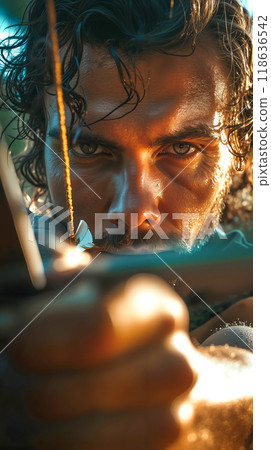 A man with long hair and a beard holding a bow and arrow A man with long hair and a beard holding a bow and arrow 118636542