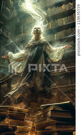 A woman standing on top of a pile of books in a library 118636559