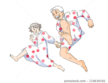 Elderly couple jumping 118636592