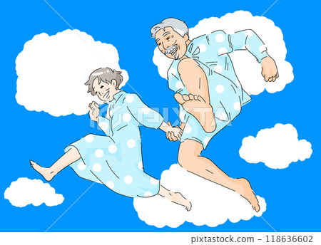 Elderly couple jumping 118636602