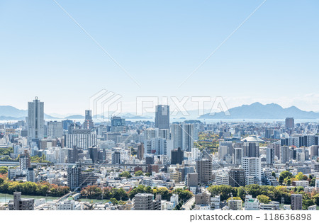 Hiroshima City, Hiroshima Prefecture: Hiroshima cityscape on a clear day (towards the city center) Hiroshima City, Hiroshima Prefecture: Hiroshima cityscape on a clear day (towards the city center) 118636898