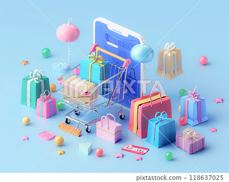 Digital app and online retail business with 3D isometric rendering of multichannel marketing, Digital app and online retail business with 3D isometric rendering of multichannel marketing, 118637025