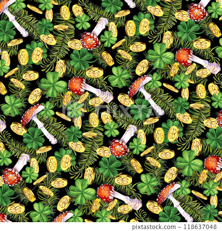 Seamless pattern with green fir branches, lucky shamrock, gold coins, fly agaric mushroom. Watercolor illustration for New Year, St. Patrick's Day. Template for invitation, scrapbook, card, sticker 118637048