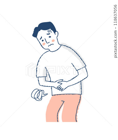 一個男人摀著肚子，表情困擾 118637056