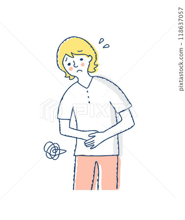 一個女人摀著肚子，表情困擾 118637057