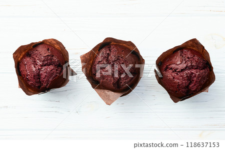 Sweet Baked berries muffins ( cupcake )  . Top view 118637153