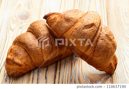 Group of sweet croissant . French morning breakfast . Top view Group of sweet croissant . French morning breakfast . Top view 118637190