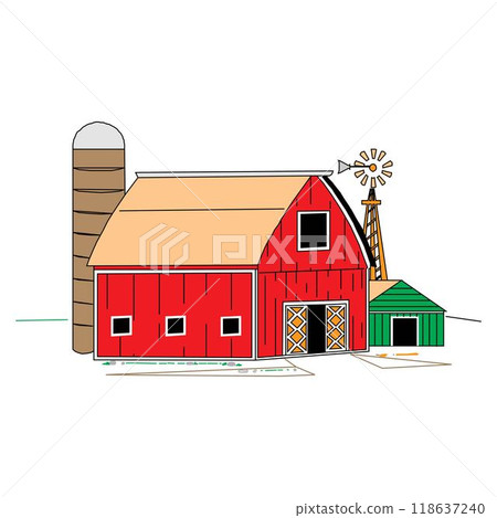 Farm barn cowshed building exterior with tractor and windmill flat vector Farm barn cowshed building exterior with tractor and windmill flat vector 118637240