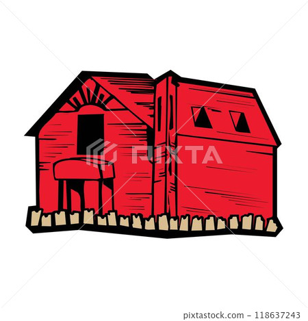 Farm barn cowshed building exterior with tractor and windmill flat vector 118637243