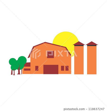 Farm barn cowshed building exterior with tractor and windmill flat vector Farm barn cowshed building exterior with tractor and windmill flat vector 118637247