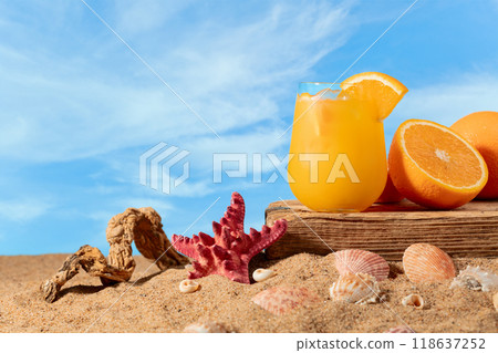 Orange cocktail with ice on a old wooden board. 118637252
