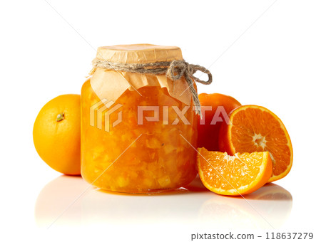 Orange jam and fresh fruits isolated on a white background. Orange jam and fresh fruits isolated on a white background. 118637279