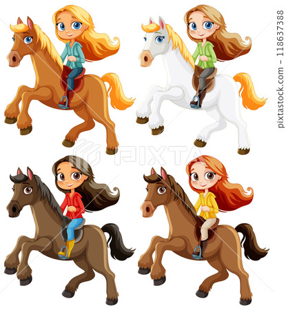 Girls Riding Horses Illustration 118637388