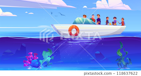 Divers on yacht in sea or ocean put on wetsuits 118637622