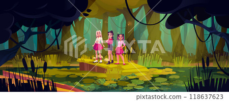 Teen girls near swamp with crocodiles in forest. 118637623