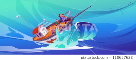 Fishing boat with people on board sinking on wave 118637628