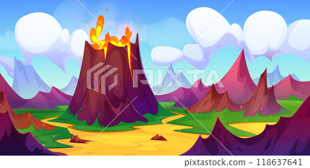 Summer landscape with volcano erupt Summer landscape with volcano erupt 118637641