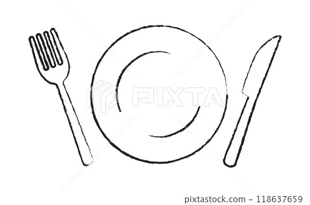 Hand-drawn line drawing illustration of a fork, knife and plate 118637659