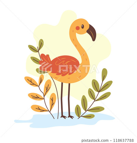 Cute Flamingo Bird Animal Character with Leaves Plants in the Park Cute Flamingo Bird Animal Character with Leaves Plants in the Park 118637788