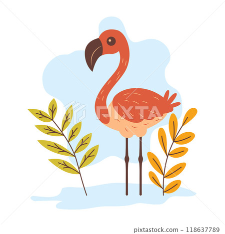 Cute Flamingo Bird Animal Character with Leaves Plants in the Park Cute Flamingo Bird Animal Character with Leaves Plants in the Park 118637789
