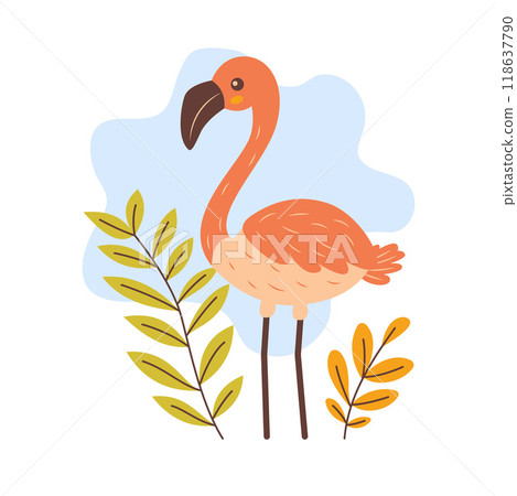 Cute Flamingo Bird Animal Character with Leaves Plants in the Park Cute Flamingo Bird Animal Character with Leaves Plants in the Park 118637790
