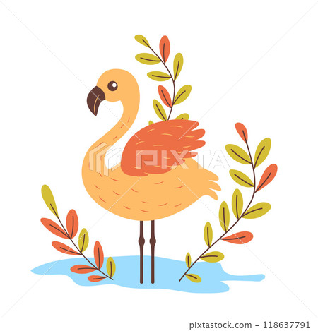 Cute Flamingo Bird Animal Character with Wings and Leaves Plants Cute Flamingo Bird Animal Character with Wings and Leaves Plants 118637791
