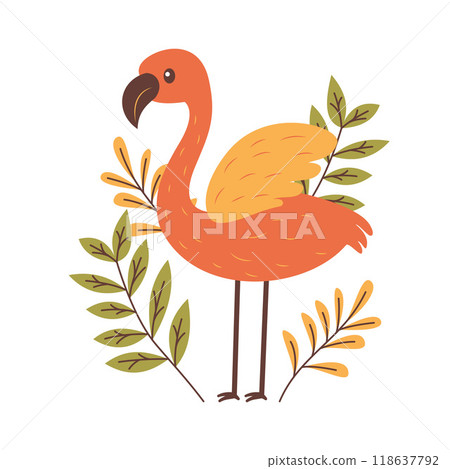 Cute Flamingo Bird Animal Character with Wings and Leaves Plants 118637792