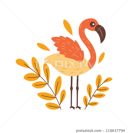 Cute Flamingo Bird Animal Character with Wings and Leaves Plants 118637794