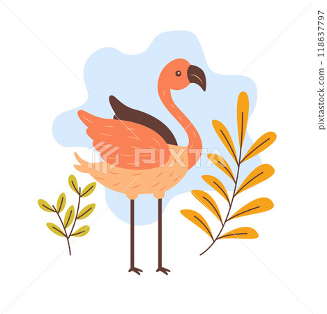 Cute Flamingo Bird Animal Character with Wings and Leaves Plants 118637797