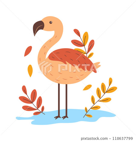 Cute Flamingo Bird Animal Character with Leaves Plants in the Park 118637799