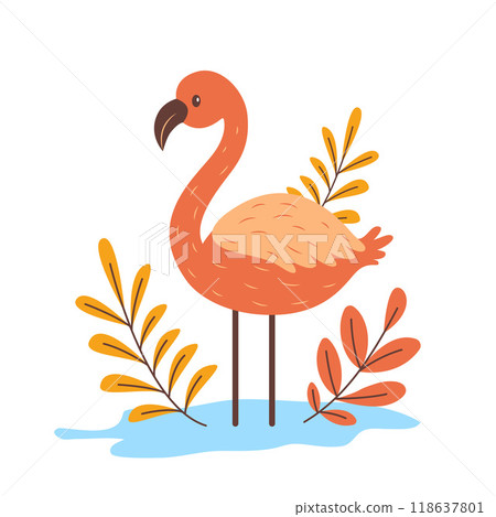 Cute Flamingo Bird Animal Character with Leaves Plants in the Park 118637801