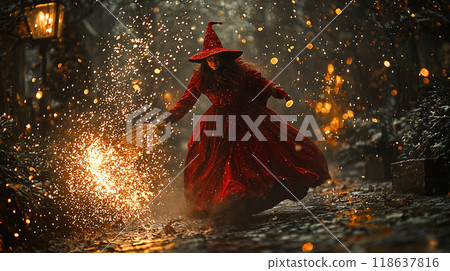Magical Witch. A witch in a red cloak creating sparks with a broom in a mystical, lit forest. 118637816