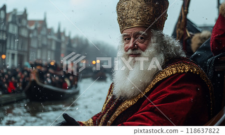 St. Nicholas Parade. A festive scene showing a St. Nicholas figure dressed in ornate robes on a boat St. Nicholas Parade. A festive scene showing a St. Nicholas figure dressed in ornate robes on a boat 118637822