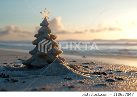 Sandy Christmas Tree on Beach 118637847