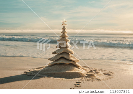 Sandy Christmas Tree on Beach 118637851