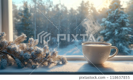 Morning Coffee by Snowy Window 118637855