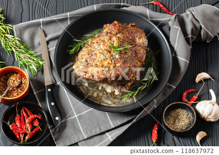 Juicy Roast Pork Neck on table, top view Juicy Roast Pork Neck on table, top view 118637972