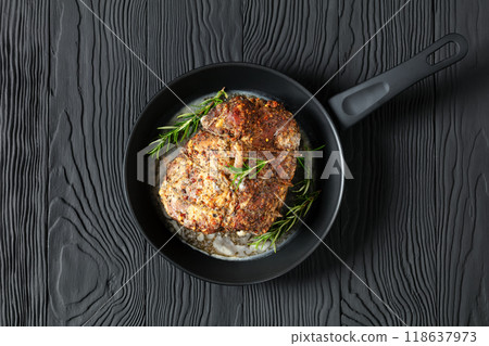 Juicy Roast Pork Neck on table, top view Juicy Roast Pork Neck on table, top view 118637973