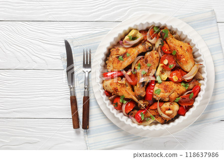 Basque Chicken Pepper Artichoke and Chorizo Saute 118637986