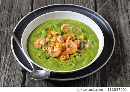 Shrimps in Culichi Salsa or Poblano sauce in bowl Shrimps in Culichi Salsa or Poblano sauce in bowl 118637991
