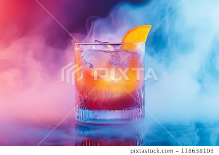 Mesmerizing Cocktail. A vibrant cocktail in a glass against a colorful, smoky background. Mesmerizing Cocktail. A vibrant cocktail in a glass against a colorful, smoky background. 118638103