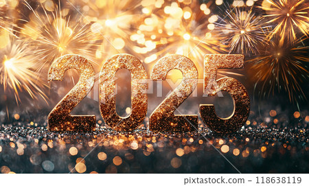 Celebrating 2025. Glittering 2025 sign with fireworks and bokeh lights Celebrating 2025. Glittering 2025 sign with fireworks and bokeh lights 118638119