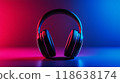 Stylish Headphones. A pair of modern headphones with a cool blue and red background 118638174