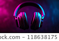 Neon Headphones. A pair of modern headphones with a cool blue and red background 118638175