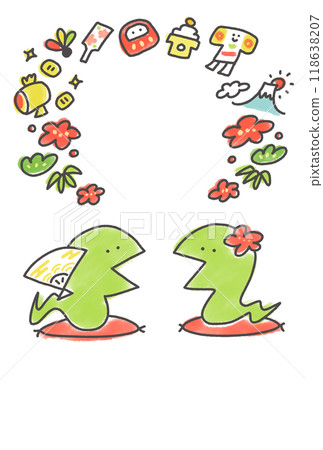 Two snakes giving New Year's greetings, New Year's card material, New Year, lucky charm Two snakes giving New Year's greetings, New Year's card material, New Year, lucky charm 118638207