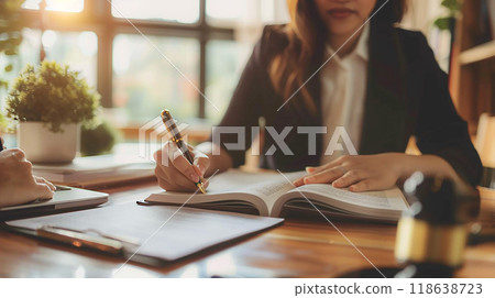 Detailed consultation about house purchase contract, lawyer and clients discussing, 118638723