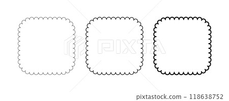 Rectangle scalloped frame. Scalloped edge square shape border. Simple label and sticker form. Flower silhouette lace frame. Vector illustration isolated on white background 118638752